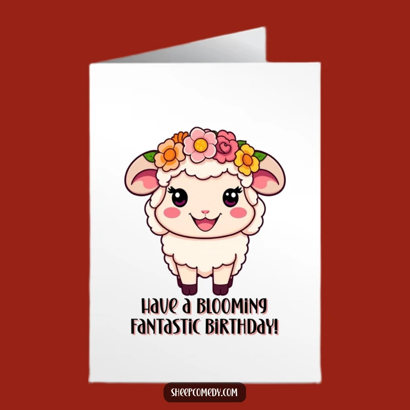 Free Printable Flower Crown Sheep Birthday Card: Smiling Joy Funny Downloadable Gift