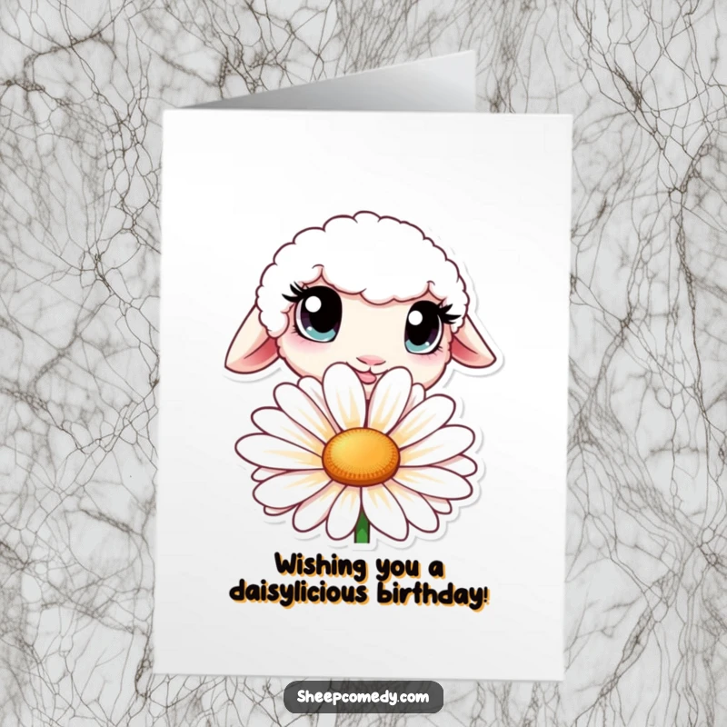 Funny Free Printable Birthday Card: Sheep with huge curious eyes peeking from behind a daisy, wishing a happy birthday. A charming downloadable greeting.