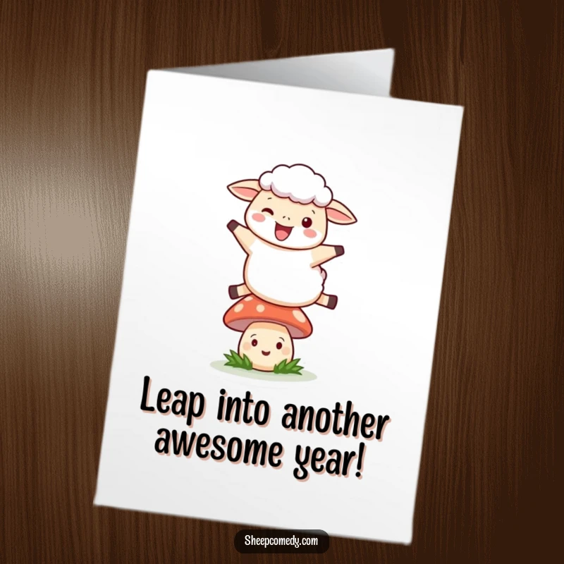 Funny Free Printable Leaping Sheep Birthday Card: Sheep joyfully jumping over a smiling mushroom, full of birthday energy.