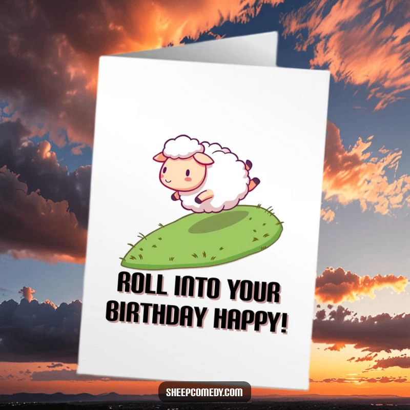 Funny Free Printable Sheep Birthday Card: Sheep energetically rolling down a grassy slope, pure birthday fun.