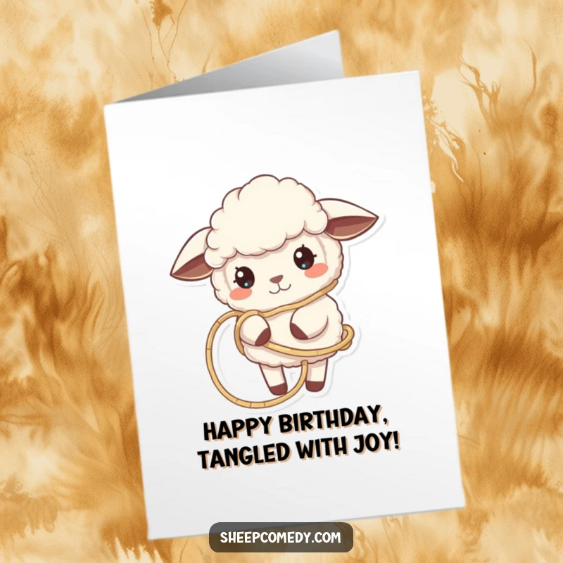 Funny free printable sheep birthday card showing a sheep playfully tangled in soft winding thread, a humorous birthday greeting.