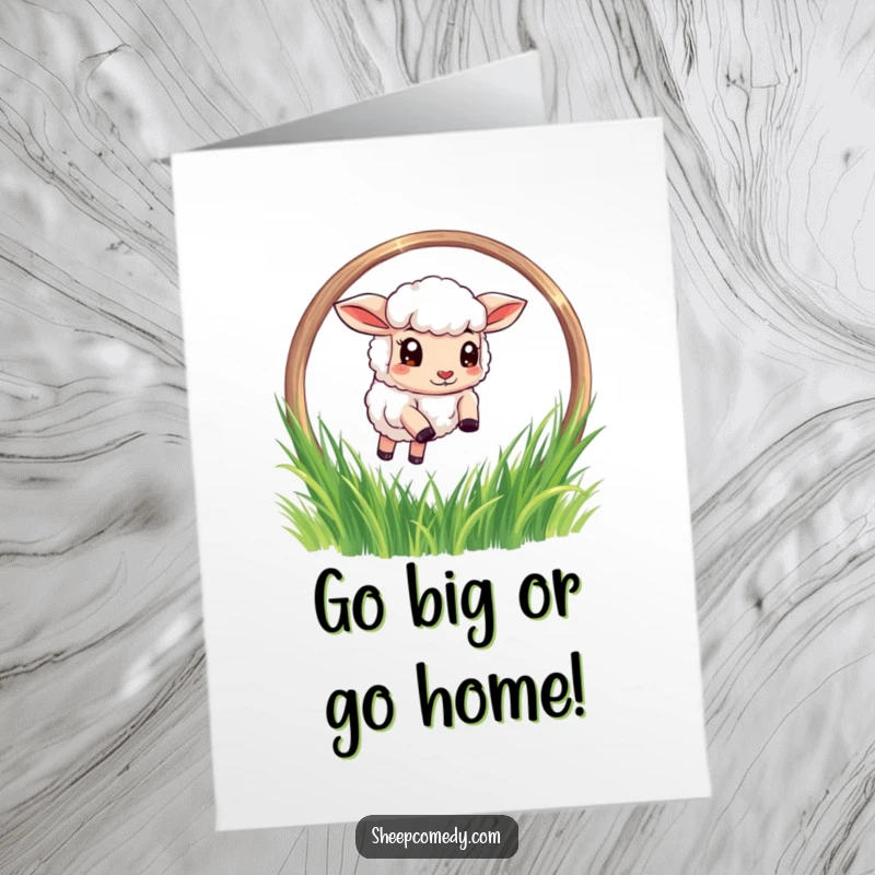 Funny Free Printable Birthday Card featuring a determined sheep leaping through a grass hoop, celebrating big.