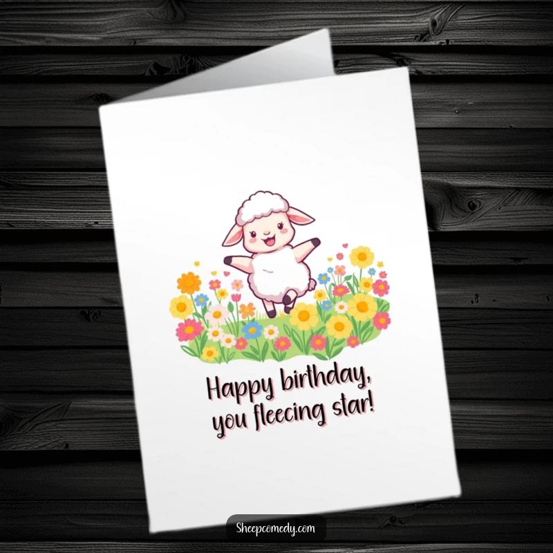 Funny free printable sheep birthday card showing a happy sheep spinning gleefully amidst a field of colorful flowers.