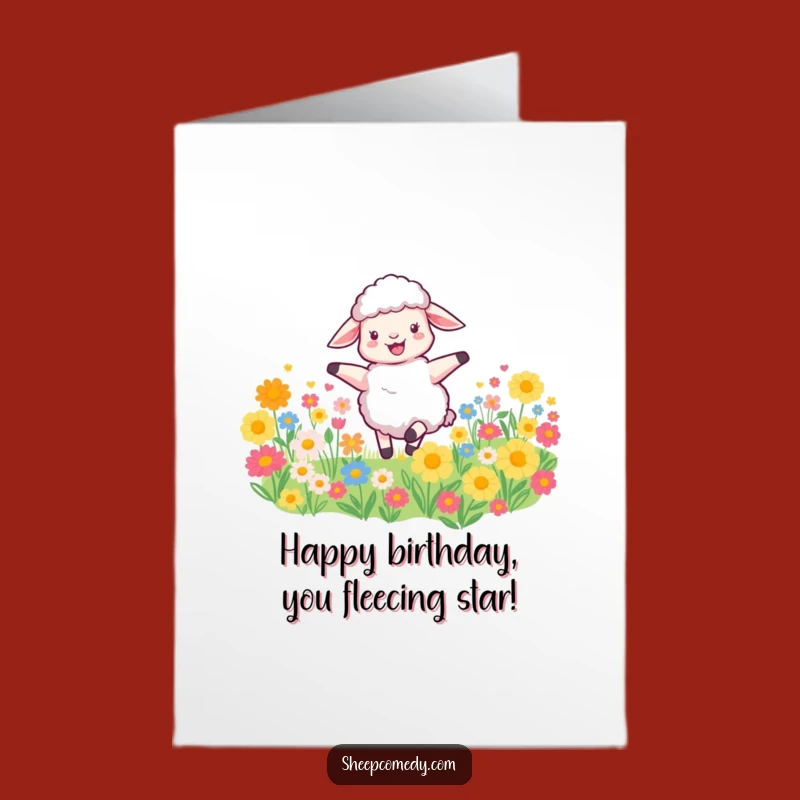 Free Printable Sheep Birthday Card: Joyful Spin, Flower Field Fun, Funny Downloadable