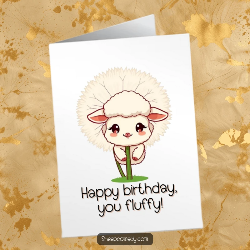 Funny Free Printable birthday card with a cute sheep peeking mischievously from behind a giant, fluffy dandelion.