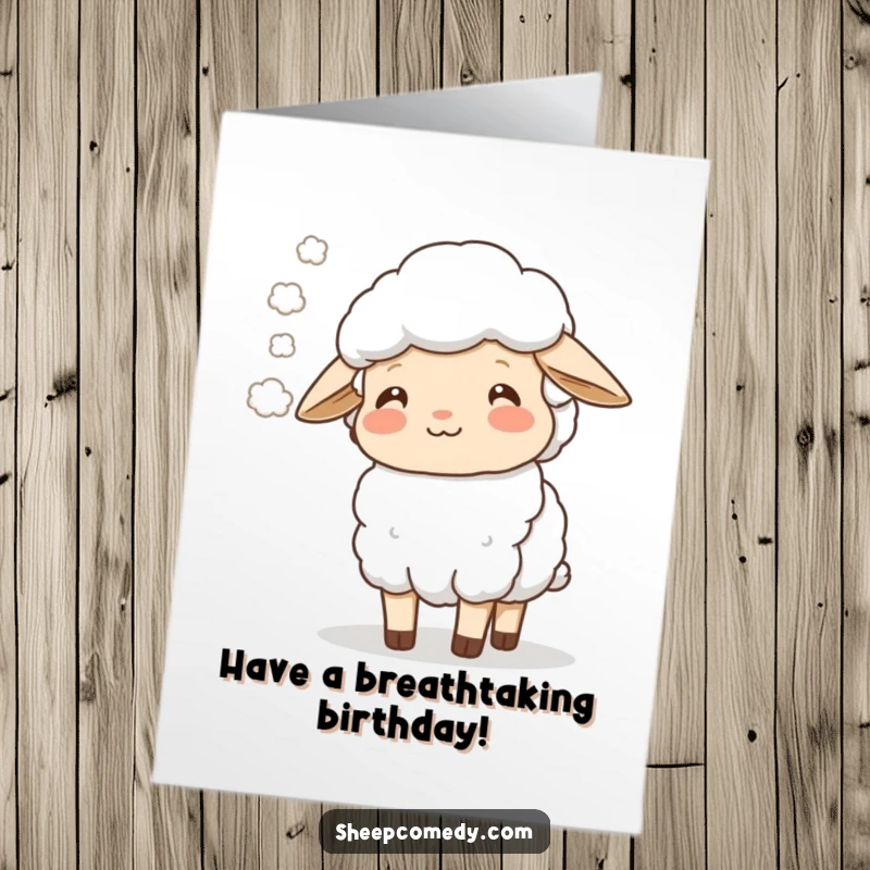 Free Printable Birthday Card: A happy sheep exhales a soft, misty cloud, looking peaceful and content.