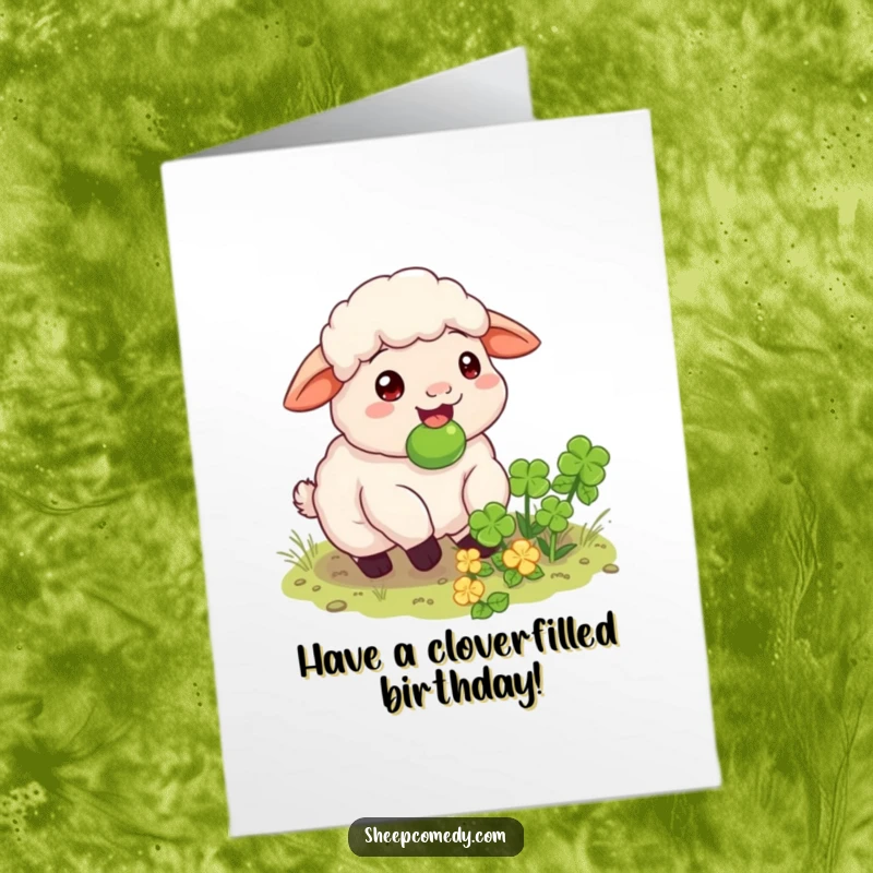 Funny Free Printable Birthday Card: A sheep happily munches on a hidden clover patch it just discovered.