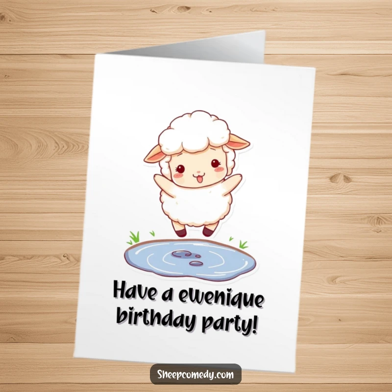 Funny Free Printable Birthday Card: Fluffy sheep playfully jumping over a small puddle, celebrating with birthday cheer. A delightful downloadable greeting.