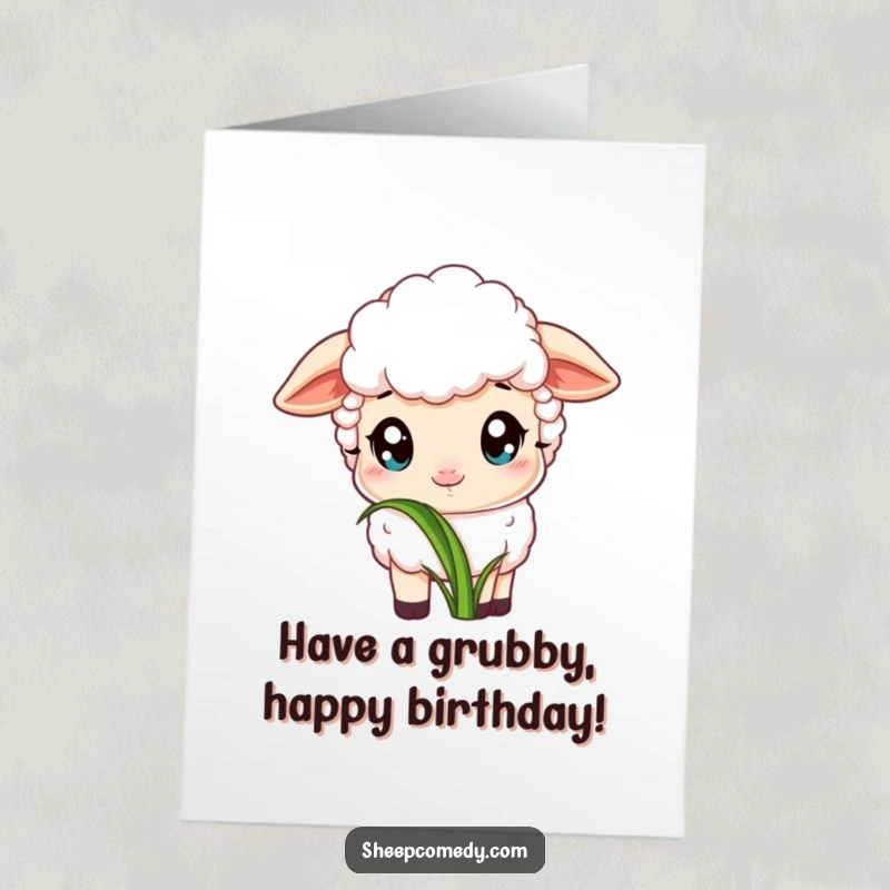 Free Printable Birthday Card: A sheep with wide, innocent eyes contentedly nibbles on a delicious single blade of grass.