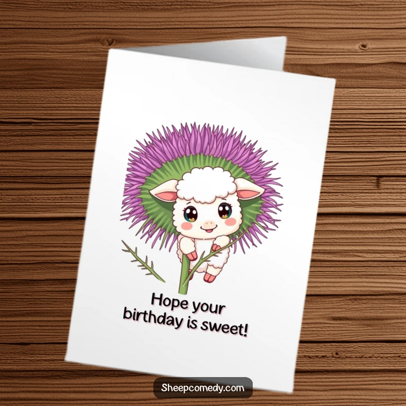 Funny Free Printable Birthday Card: Curious sheep with wide eyes peeking from behind a large blooming thistle, a playful surprise.