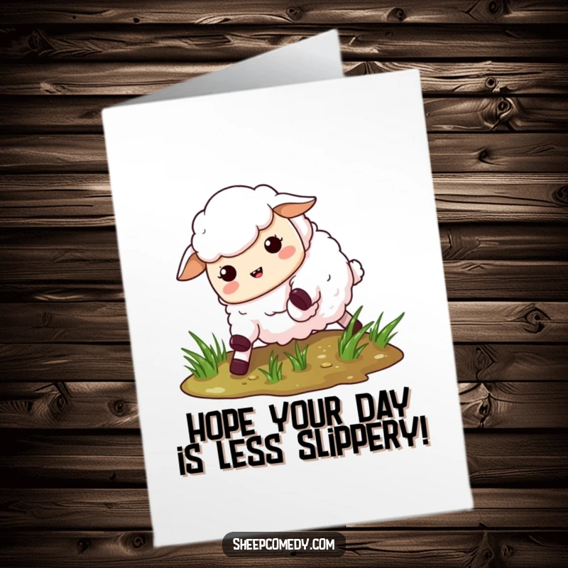 Funny Free Printable Birthday Card: A sheep comically slipping and sliding on a patch of shiny, wet grass with a surprised expression.