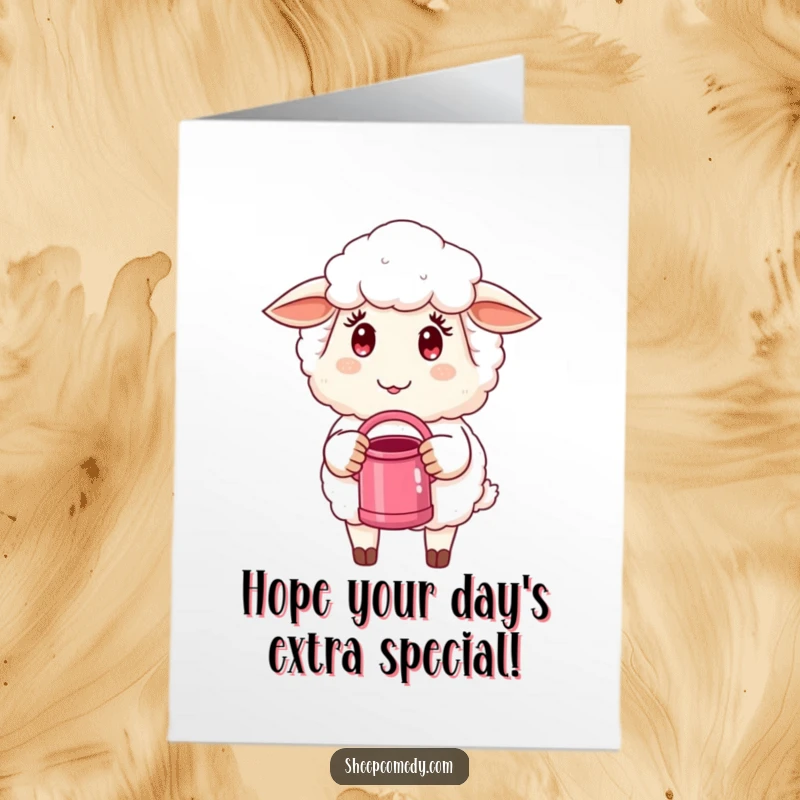 Funny Free Printable Birthday Card: A sheep with a sly grin holds a tiny watering can, hinting at playful mischief.