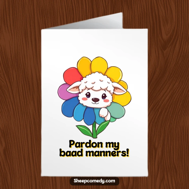 Funny Free Printable Birthday Card: Sheep peeking with curiosity from behind a vibrant rainbow flower, ready to surprise.