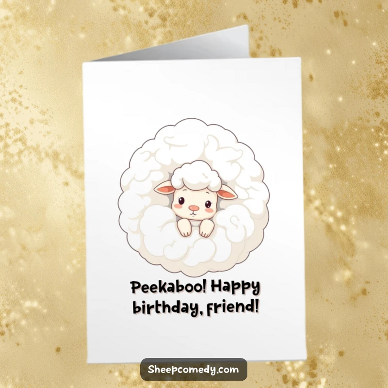 Funny Free Printable Birthday Card: Sheep peeking curiously from behind a giant woolly cloud, cute birthday download.