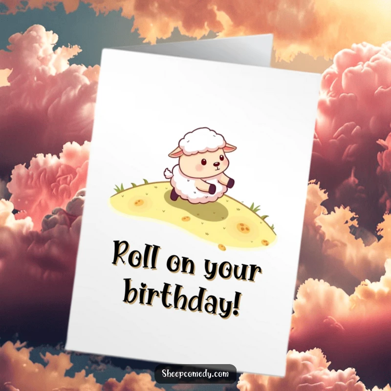 Funny Free Printable Birthday Card: Sheep energetically rolling down a grassy slope, celebrating.