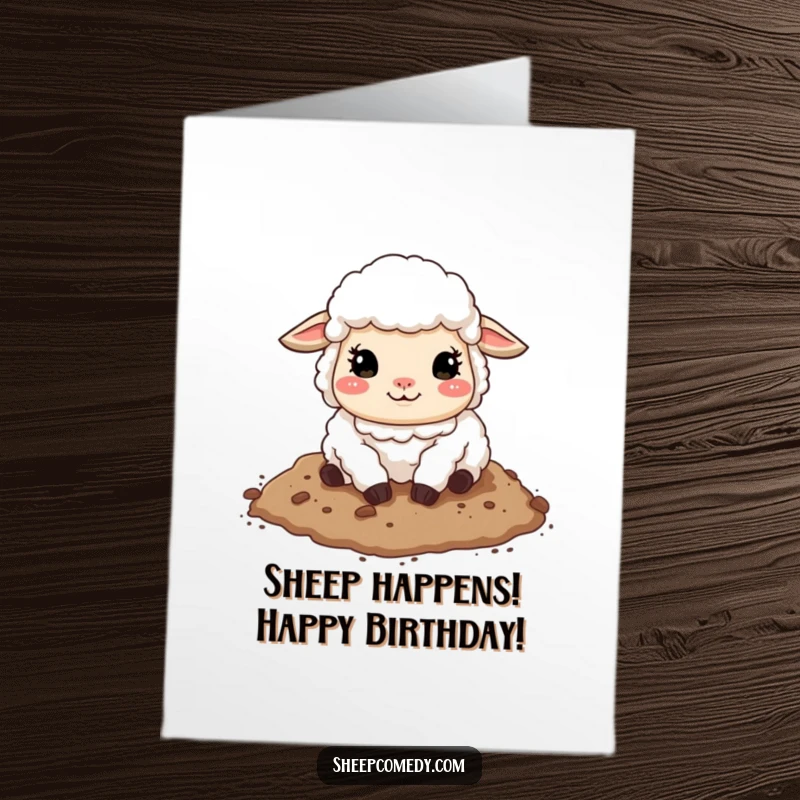 Funny Free Printable Birthday Card: A happy sheep joyfully rolling in soft dirt, spreading birthday cheer. Perfect DIY gift.