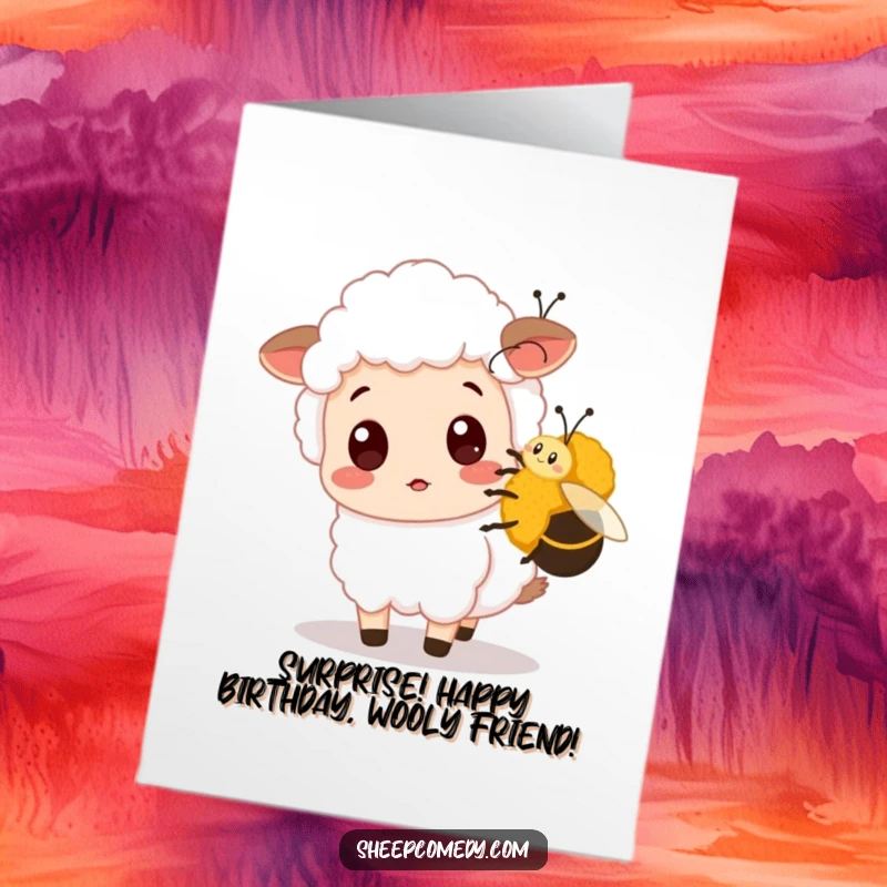 Funny free printable sheep birthday card showing a surprised sheep getting nudged by a friendly bumblebee, a humorous greeting.