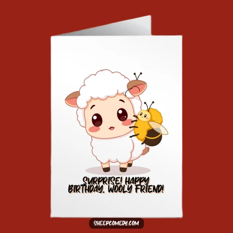 Free Printable Sheep Birthday Card: Bee Surprise, Funny Encounter, Cute Downloadable