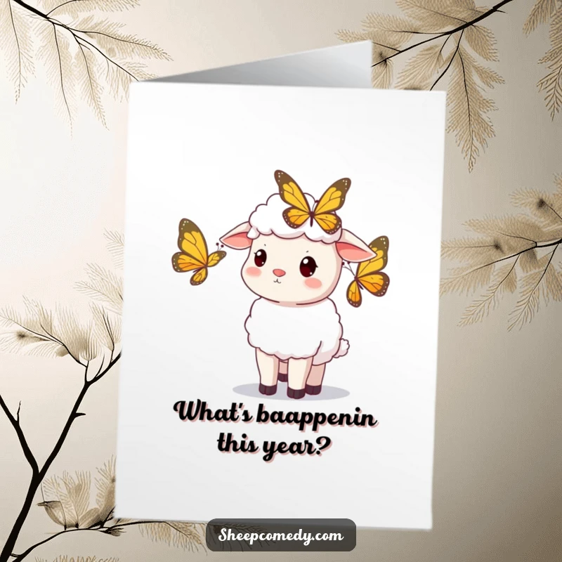 Funny Free Printable Birthday Card featuring a sheep tilting its head curiously at a colorful butterfly, a truly delightful sight.