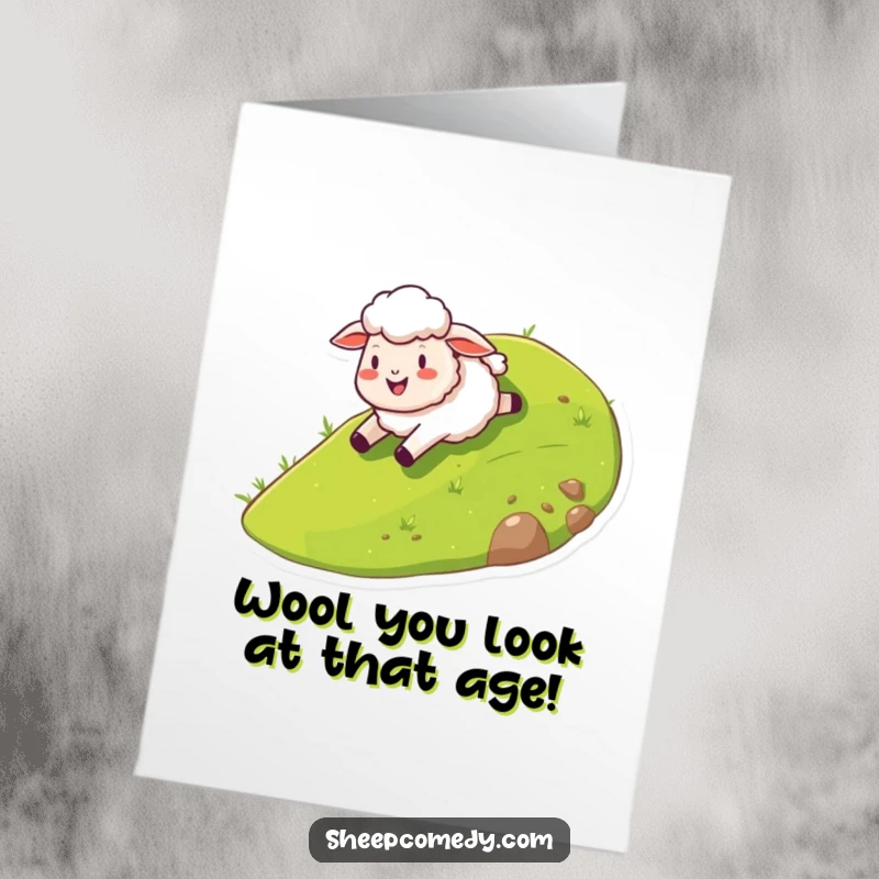 Funny Free Printable Birthday Card: Gleeful sheep sliding down a grassy hill with pure joy, perfect for a downloadable gift.