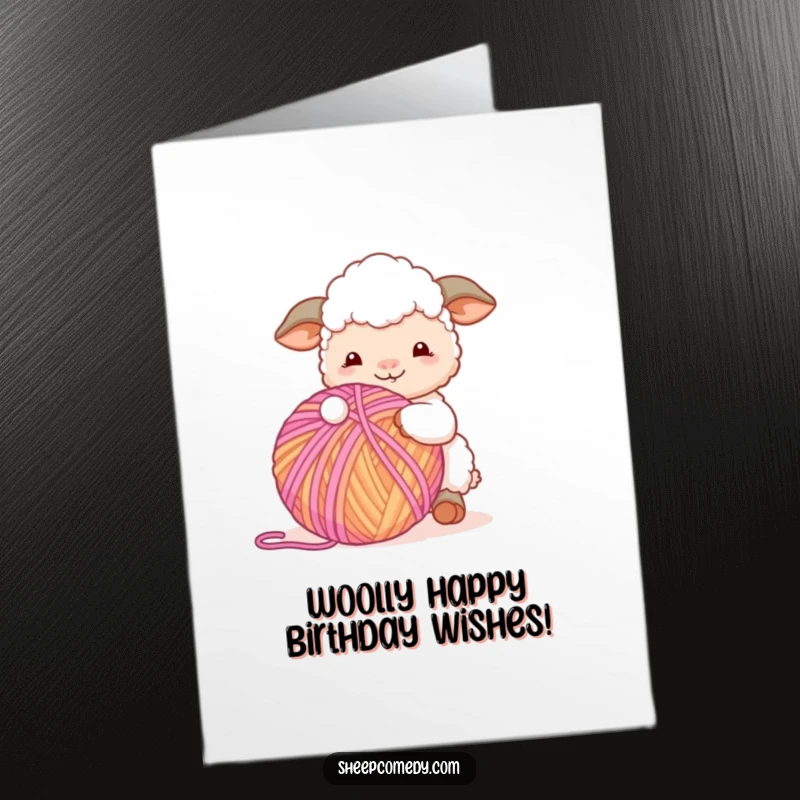 Funny Free Printable Sheep Birthday Card: Sheep happily playing with a giant, colorful ball of yarn.