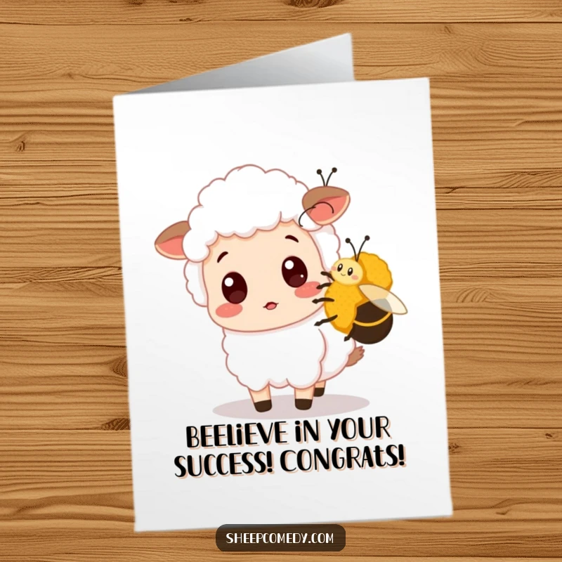 Funny free printable sheep congratulations card featuring a surprised sheep gently nudged by a bumblebee, celebrating a sweet moment.