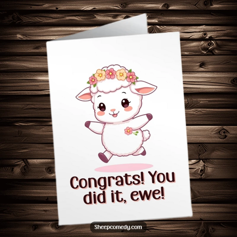 Funny Free Printable Congratulations Card with a happy sheep cub skipping joyfully, carrying a tiny flower wreath, a delightful downloadable.