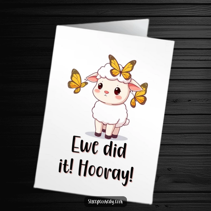 Free Printable Congratulations Card showing a sheep with a curious head tilt, observing a butterfly, symbolizing wonder and new beginnings.