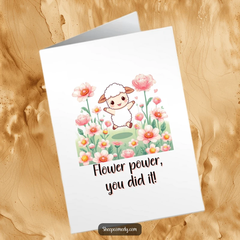Funny Free Printable Congrats Card: Sheep skipping joyfully in a field of large shimmering flowers, celebration download.