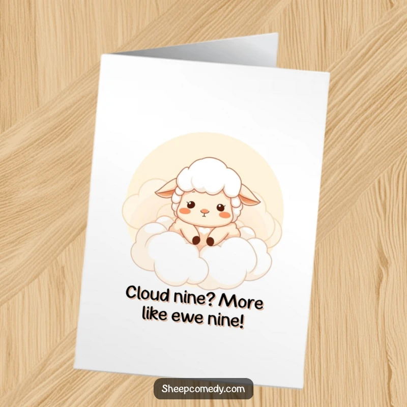 Free Printable Congratulations Card featuring a sheep sighing contently, nestled peacefully amongst soft, fluffy clouds.