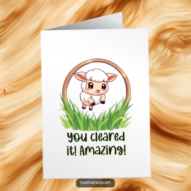 Funny Free Printable Congrats Card showing a triumphant sheep leaping through a grass hoop, celebrating success.