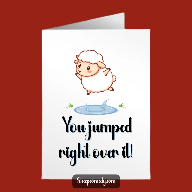 Free Printable Congrats Card: Funny Sheep Puddle Jump Success Downloadable