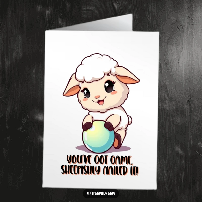 Funny Free Printable Congratulations Card: A sheep gleefully bounces a shiny ball, celebrating a great achievement.