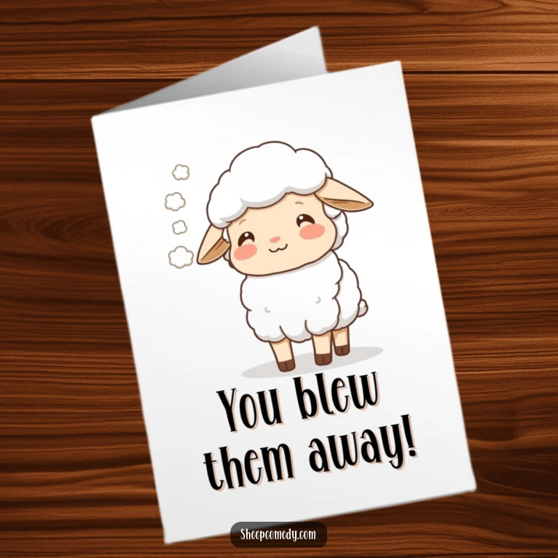 Free Printable Congrats Card: A happy sheep exhales a gentle misty cloud, conveying serene well-wishes.