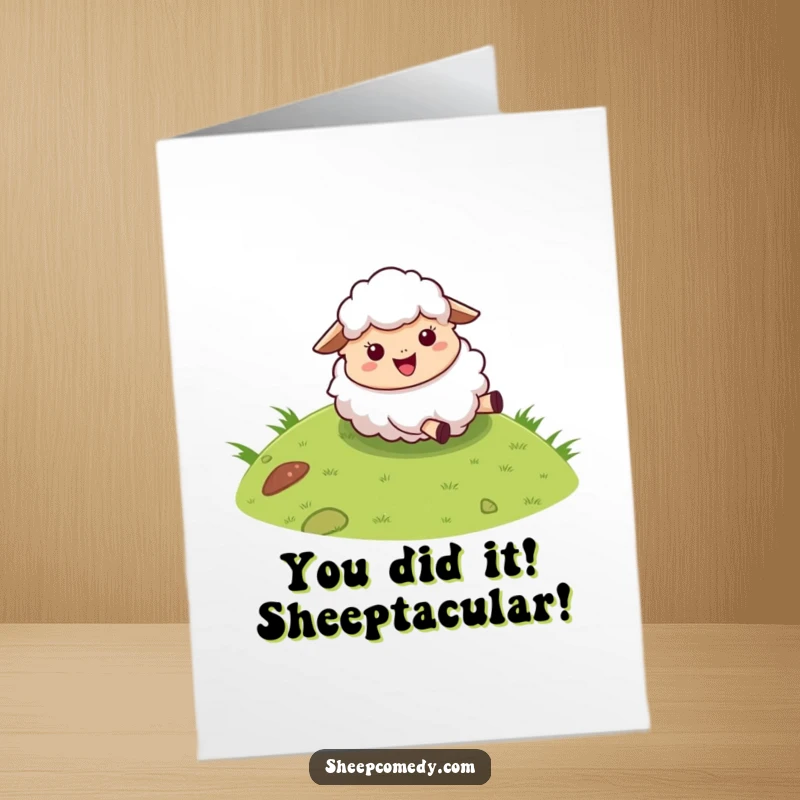 Funny Free Printable Congratulations Card: A fluffy sheep gleefully rolling down a hill, celebrating success with laughter.
