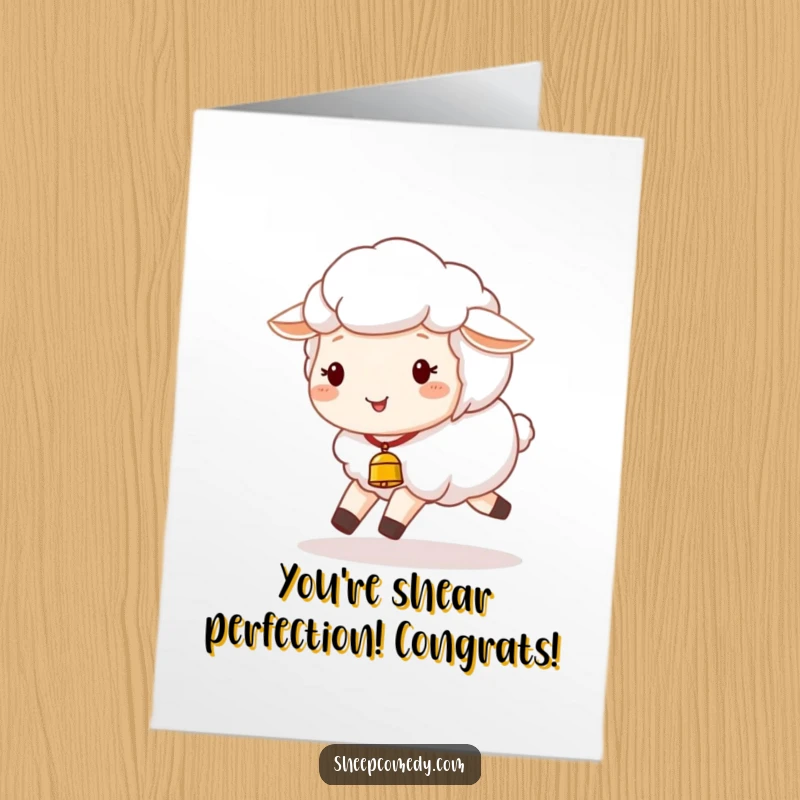 Funny Free Printable Congratulations Card: A cheerful sheep with a tinkling bell skips with joy for your success.