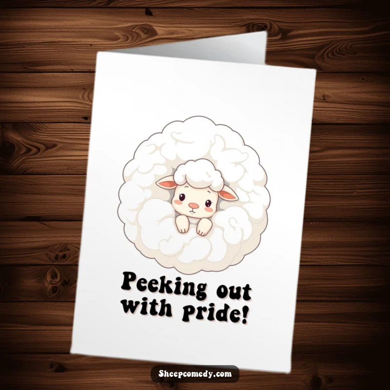Funny Free Printable Congrats Card: Sheep curiously peeking from behind a huge woolly cloud, surprise celebration download.