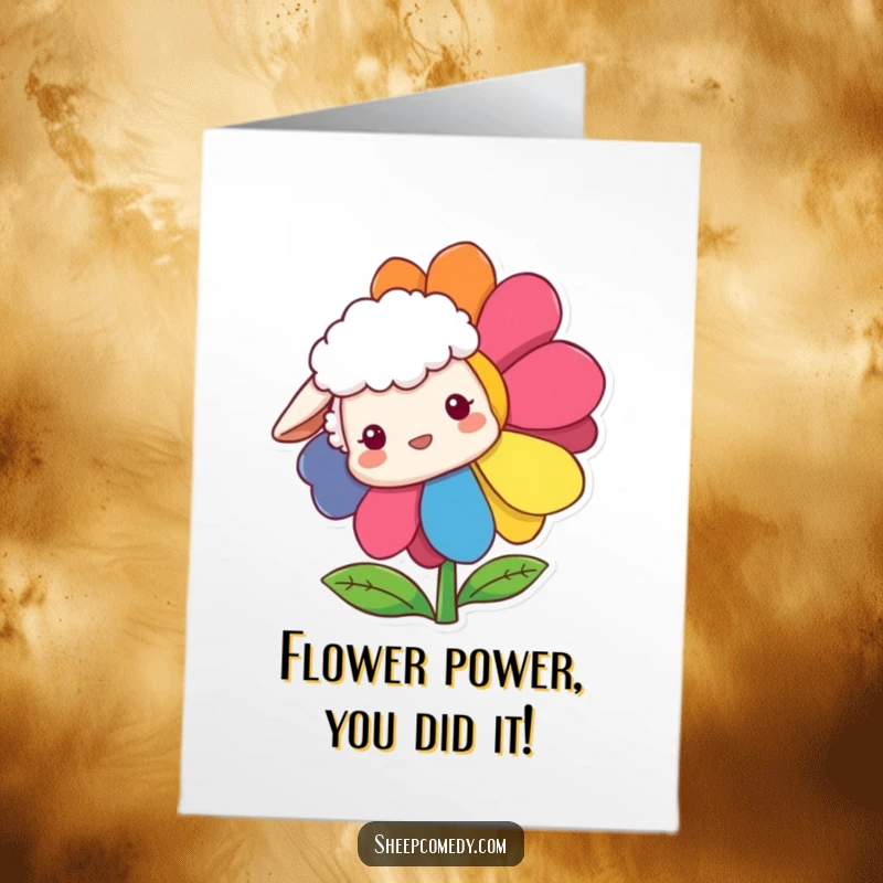 Funny Free Printable Congratulations Card: A sheep curiously peeks out from behind a large, rainbow-hued flower, celebrating good news.