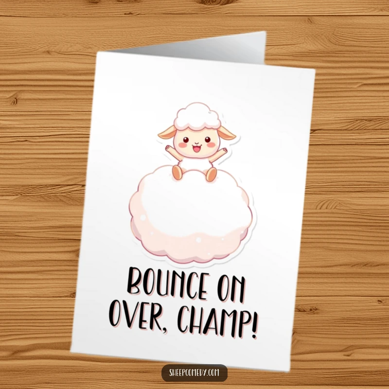 Funny Free Printable Congrats Card: Sheep mid-bounce on a giant marshmallow, a whimsical celebration download.