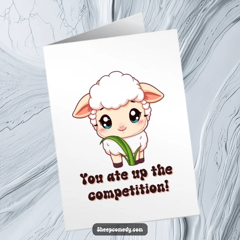Free Printable Congrats Card: A sheep with big, innocent eyes savoring a particularly tasty blade of grass.
