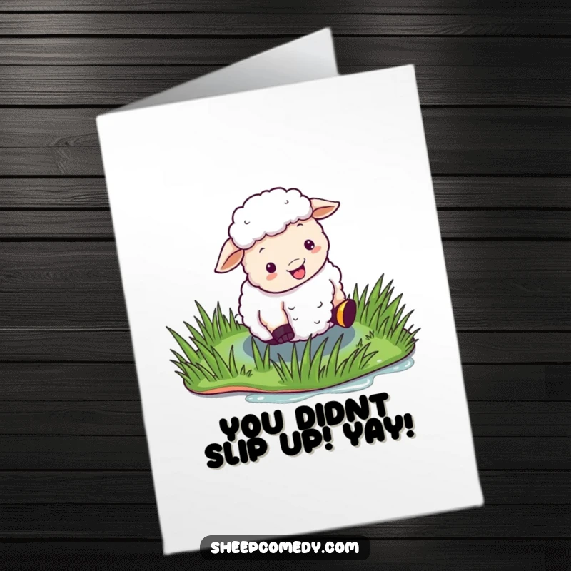 Funny Free Printable Congratulations Card: A sheep comically loses its footing on shiny, wet grass during a celebration.