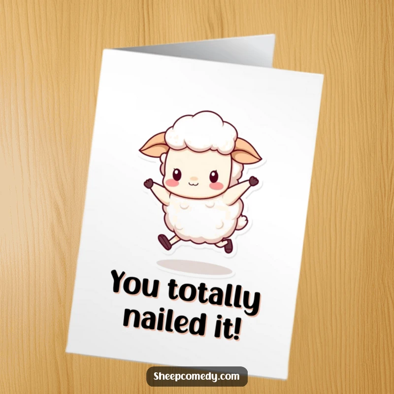 Free Printable Congrats Card: A sheep gleefully skips, wool bouncing, celebrating a joyous occasion.