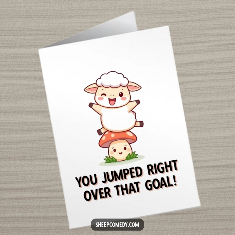 Funny Free Printable Leaping Sheep Congratulations Card: Sheep joyfully leaping over a smiling mushroom, symbolizing overcoming obstacles.