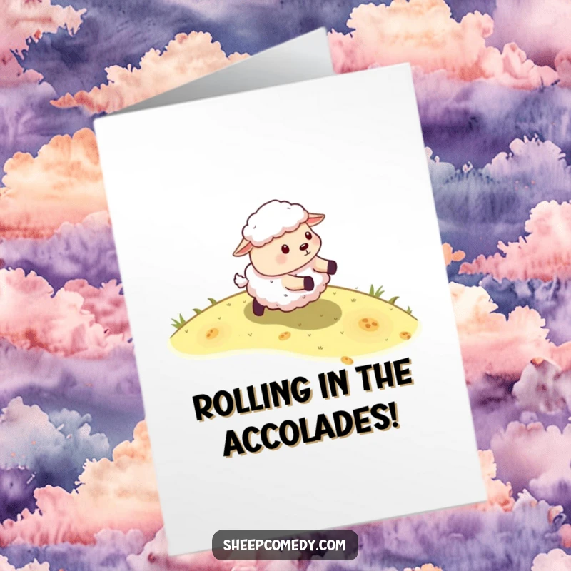 Funny Free Printable Congrats Card: Sheep energetically rolling down a grassy slope, celebrating your achievement.