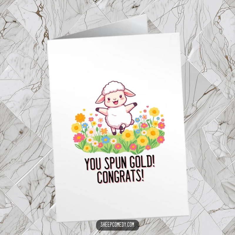 Funny free printable sheep congratulations card of a sheep spinning joyfully in a vibrant flower field, celebrating success.
