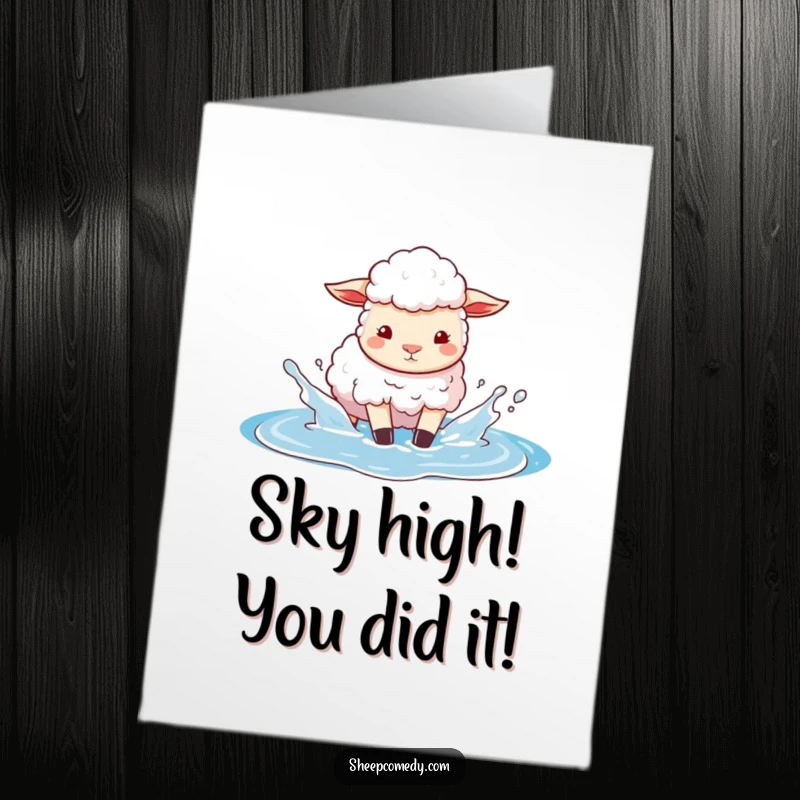 Funny Free Printable Congratulations Card: Sheep gleefully splashing in a puddle of bright blue sky, celebrating your win.