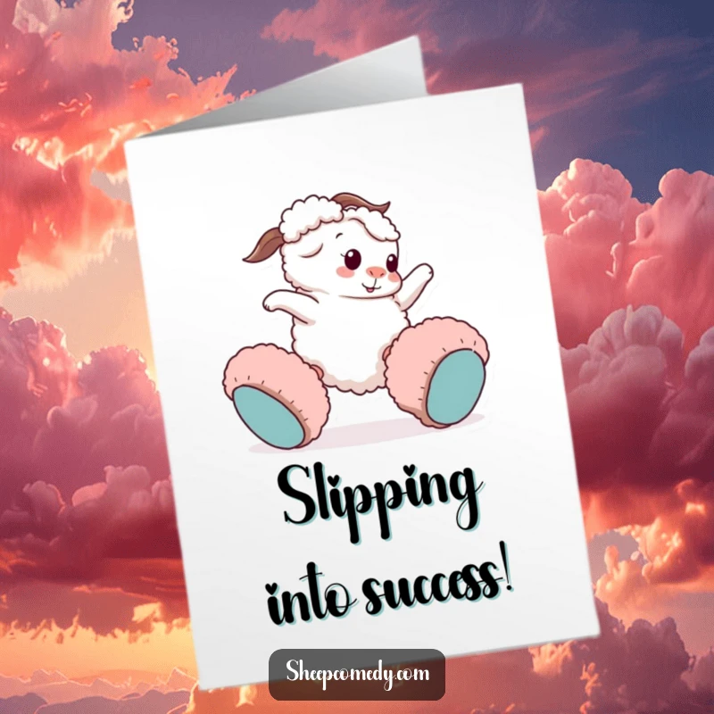 Funny Free Printable Congrats Card: Sheep humorously tripping while wearing oversized fuzzy slippers, funny celebration download.