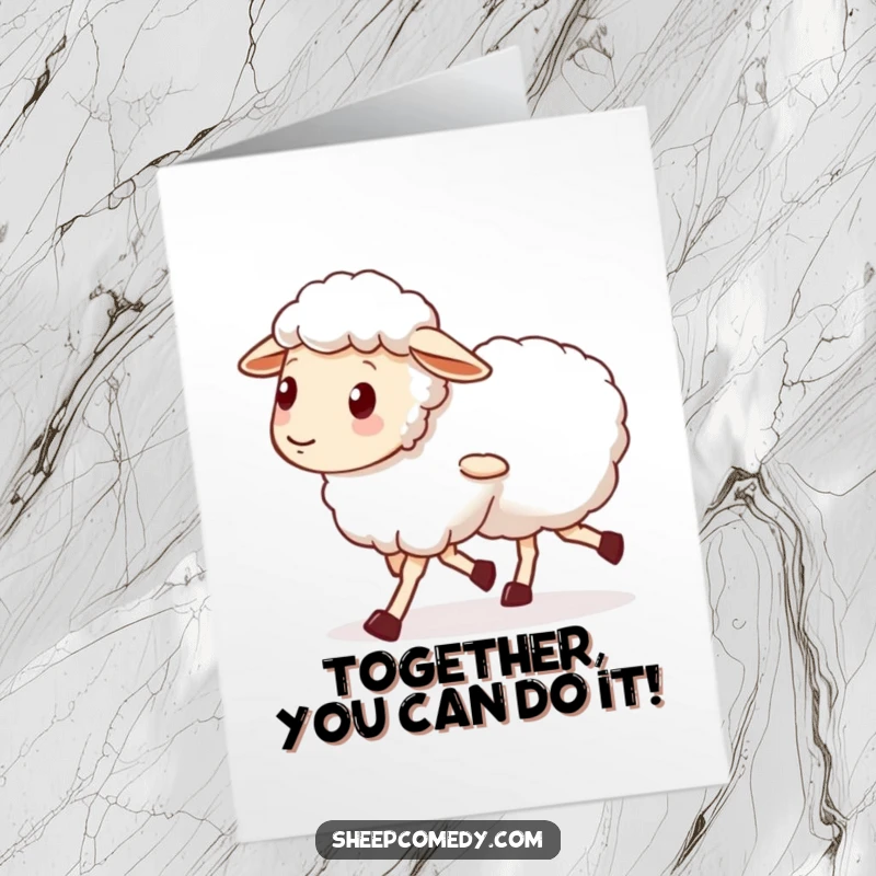 Funny Free Printable Congratulations Card: A sheep with wobbly legs walks beside a friend, symbolizing support and shared journeys.
