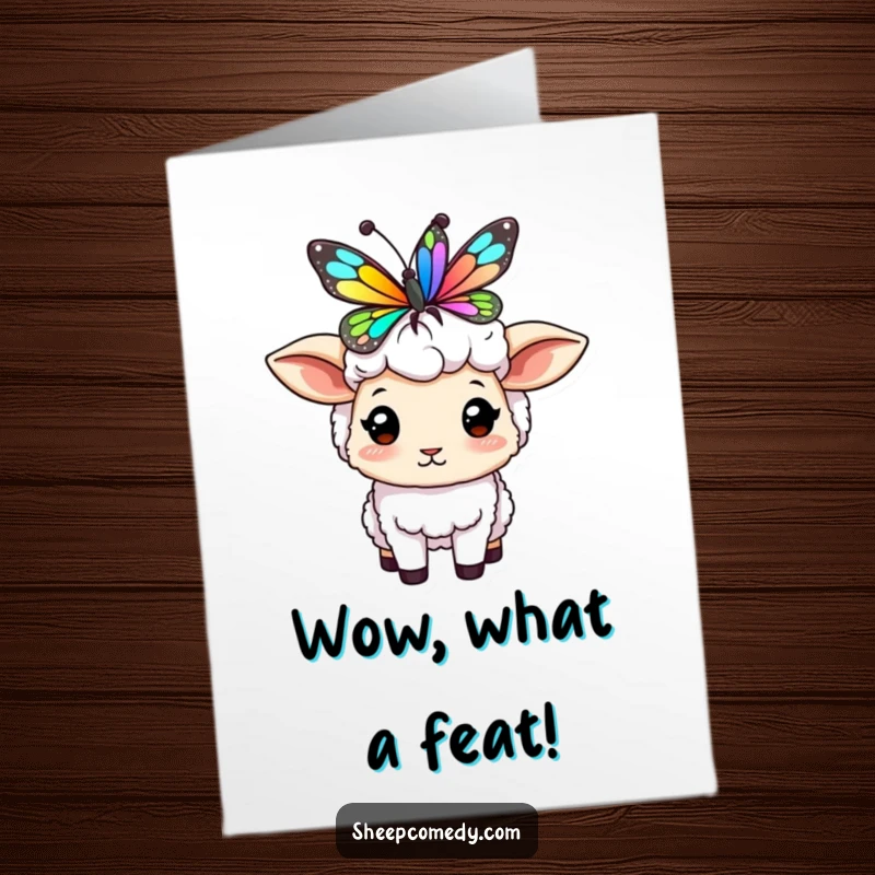 Funny Free Printable Congratulations Card: A sheep attempting to balance a vibrant butterfly on its head, showcasing a funny triumph.