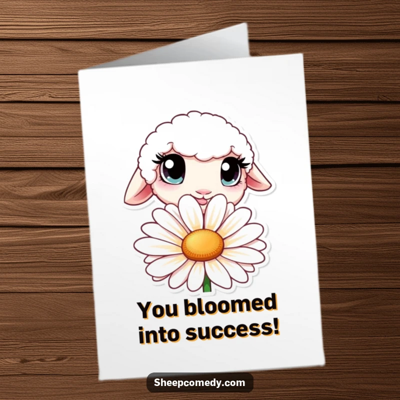 Funny Free Printable Congrats Card: Sheep with big curious eyes peeking from behind a daisy, sharing congratulations. A sweet downloadable greeting.